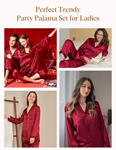 LilySilk Silk Pajamas for Women Button Up Pajamas Set for Ladies Girls Soft Maternity Pajamas Birthday Bridal Party Gift for Christmas Anniversary Valentine's day, Claret L