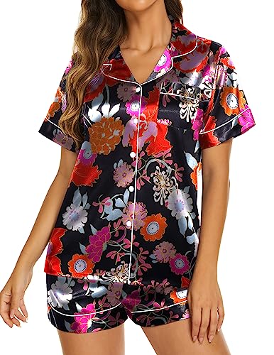 Ekouaer Womens Satin Silk Pajamas Set Short Sleeve Button Down Top and Shorts Sleepwear 2 Piece Pjs Set,Floral Black,Large