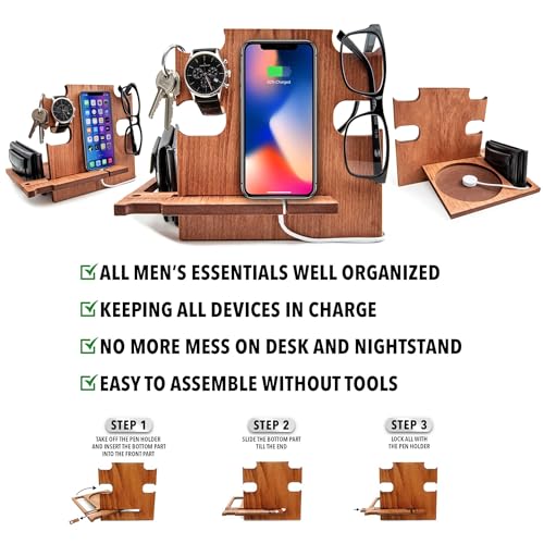 GRETAOTO Personalized Wood Phone Docking Station Gift for Men Bedside Nightstand Charging Station Organizer Mens Accessories Phone Stand Anniversary Birthday Gifts for Dad Him Husband