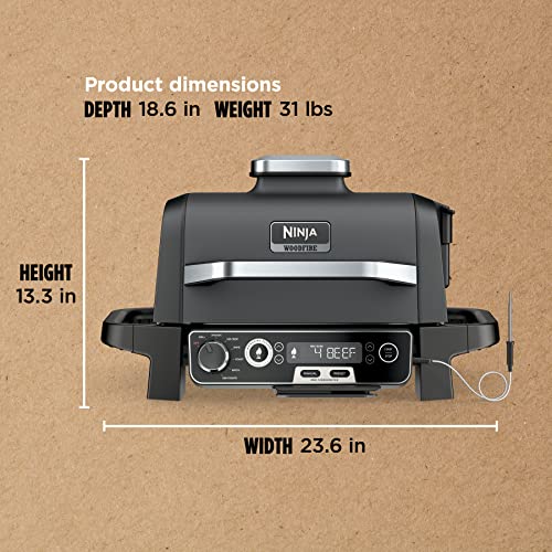 Ninja Woodfire Pro 7-in-1 Grill & Smoker with Thermometer, Air Fryer, BBQ, Bake, Roast, Broil - Portable Electric Outdoor Grill, Grey