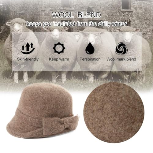 Comhats Winter Wool Felt Cloche Bucket Hat Fedora for Women Vintage Rouond Bowler Packable Party Warm Fashion Camel Medium