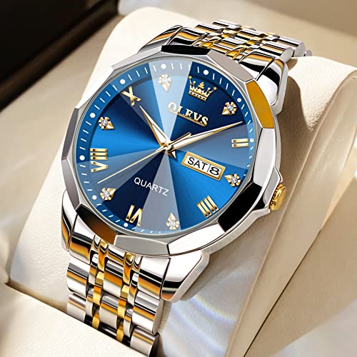 OLEVS Watch for Men Diamond Business Dress Analog Quartz Stainless Steel Waterproof Luminous Date Two Tone Luxury Casual Wrist Watch Blue