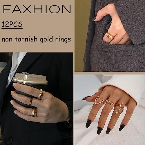 FAXHION 12PCS Gold Stackable Rings Set for Women, 18K Gold Plated Open Stacking Knuckle Ring, Adjustable Chunky Signet Band Ring for Gift