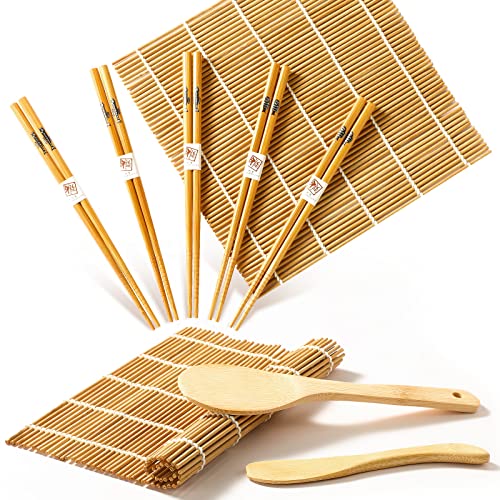 Delamu Sushi Making Kit, Bamboo Sushi Mat, Including 2 Sushi Rolling Mats, 5 Pairs of Chopsticks, 1 Paddle, 1 Spreader, 1 Beginner Guide PDF, Beginner Sushi Kit, Sushi Plates