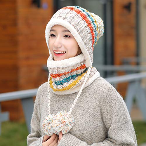 HUAMULAN Women Winter Beanie Hat Circle Scarf Set Pompoms Peruvian Ski Snow Ear Flaps Sherpa Knit Hats Fleece Lined Slouchy, Fits Small to Medium Head