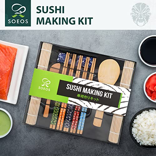 Soeos Beginner Sushi Making Kit, Sushi Making Kit for Beginners with 2 Sushi Rolling Mats, 5 Pairs Chopsticks, 1 Paddle, 1 Spreader, 1 Cotton Bag, Sushi Making Kit Gift Set, Sushi Maker Kit