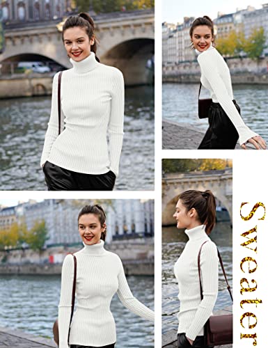 v28 Women Stretchable Turtleneck Knit Long Sleeve Slim Fit Sweater (S,White)