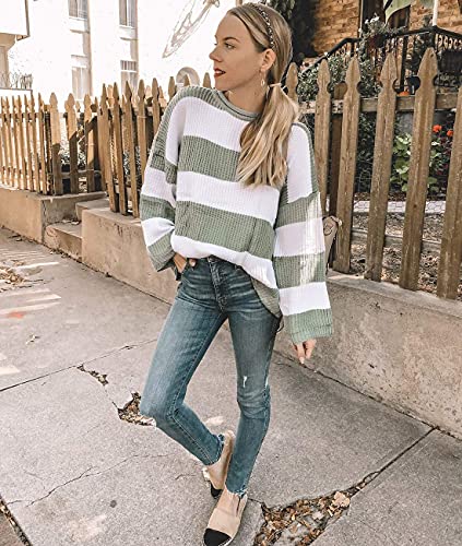 ZESICA Women's 2024 Fall Long Sleeve Crew Neck Striped Color Block Comfy Loose Oversized Knitted Pullover Sweater,Green,Medium