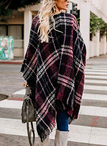 VIMPUNEC Women Boho Buffalo Plaid Poncho Pashmina Shawl Wrap Cape Sweater Knitting Cardigan with Tassel