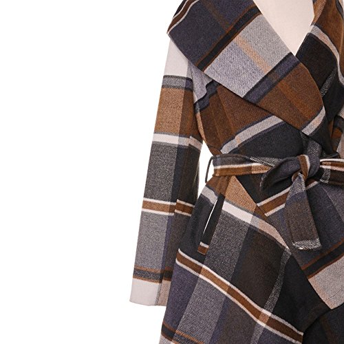 Chicwish Women's Turn Down Shawl Collar Open Front Long Sleeve Check Asymmetric Hemline Wool Blend Coat, Brown, Medium