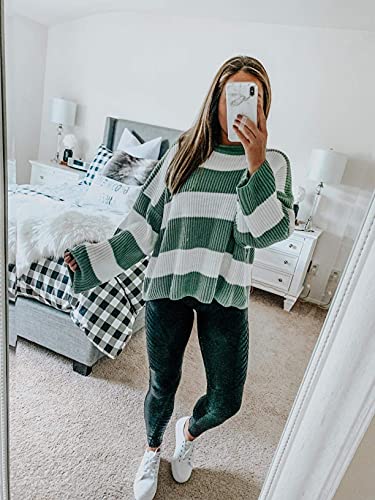 ZESICA Women's 2024 Fall Long Sleeve Crew Neck Striped Color Block Comfy Loose Oversized Knitted Pullover Sweater,Green,Medium