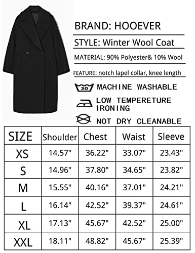 Hooever Women's Winter Wool Coat Casual Notch Lapel Single-Breasted Peacoat(Black-L)