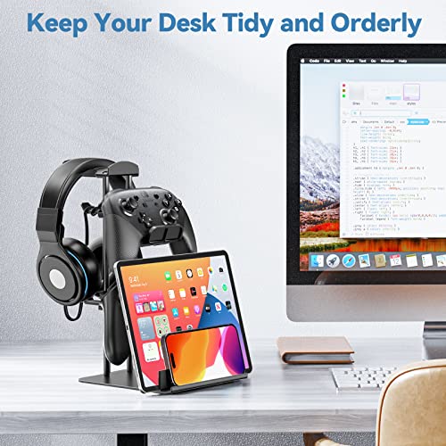 KDD Headphone Stand, Controller Holder & Headset Holder for Desk, Earphone Stand with Aluminum Supporting Bar, Universal Storage Organizer Headphones/Controller/Switch/Mobile Phone