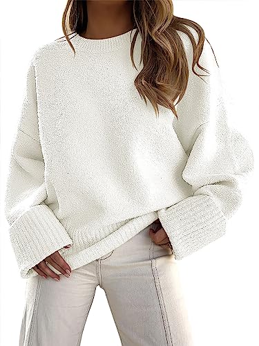 ANRABESS Women's Oversized Crewneck Long Sleeve Fuzzy Knit Casual Chunky Warm 2024 Fall Pullover Sweaters Top Trendy Outfits White Large