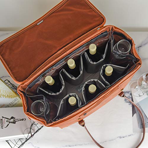 Freshore® 6 Wine Bottles Carrier Leather Bag - Insulated Cooler Travel Tote - Premium Large Portable Bottle Carrying, Waterproof Full Padding Wine Lovers Protection, Grey Brown