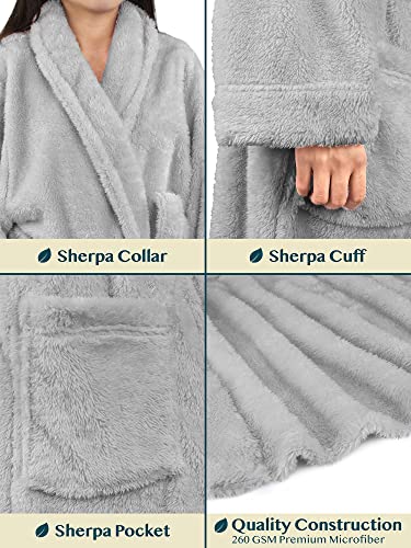 PAVILIA Premium Womens Plush Soft Robe Fluffy, Warm, Fleece Sherpa Shaggy Bathrobe (S/M, Light Gray)