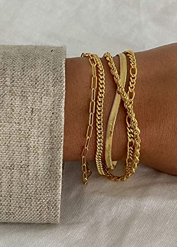 DEARMAY Gold Bracelets for Women Trendy Gold Jewelry Set for Women Cuban Link Chain 14K Gold Plated Filled Figaro Paperclip Rope Herringbone Bracelet Pack 18K Gifts for Women