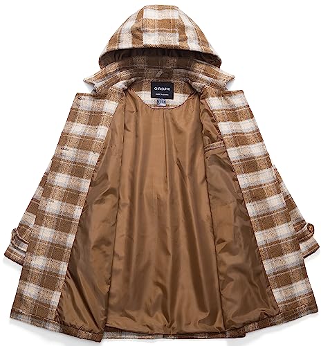 Chrisuno Women Peacoat Woman Women's Basic Designed Notch Lapel Double Breasted Mid-Long Wool Pea Coat Light Brown Plaid XL