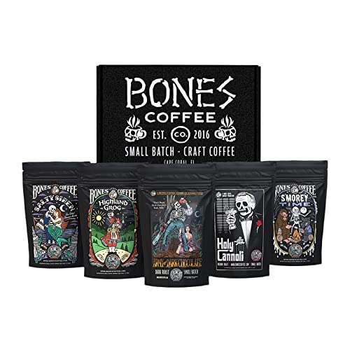 Bones Coffee Company NEW Flavors! Favorite Flavors Sample Pack | 4 oz Pack of 5 Assorted Ground Coffee Beans | Low Acid Medium Roast Gourmet Coffee Beverages (Ground)