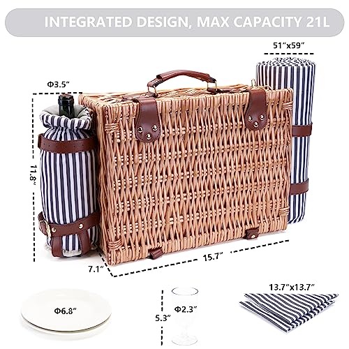 Picnic Basket with Blanket and Wine Pouch for 2 Wicker Picnic Set with Insulated Liner Cooler Bag Hamper for Camping,Wedding,Valentine Day,Gift - Reinforced Handle, Stripes