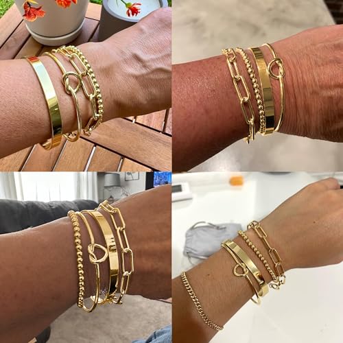 Reoxvo Gold Charm Bangle Bracelets for Women Stack Non Tarnish 14k Gold Plated Brass Cuff Bracelet Set Jewelry Accessories for Women Trendy