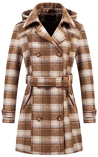 Chrisuno Women Peacoat Woman Women's Basic Designed Notch Lapel Double Breasted Mid-Long Wool Pea Coat Light Brown Plaid XL