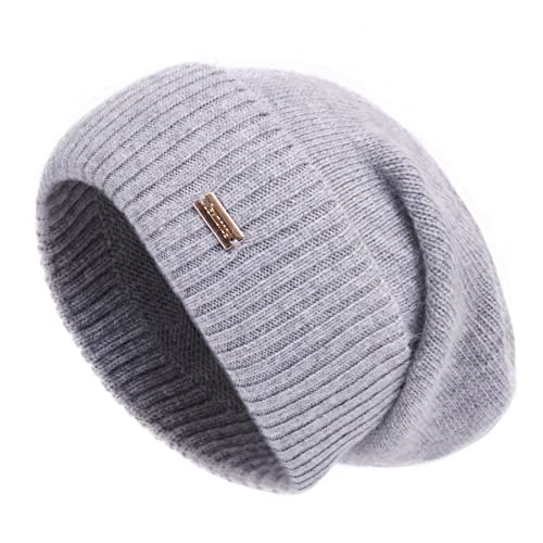 jaxmonoy Cashmere Slouchy Beanies for Women Winter Lightweight Girls Wool Knit Hat Cuffed Soft Warm Slouch Beanie Cap - Light Grey