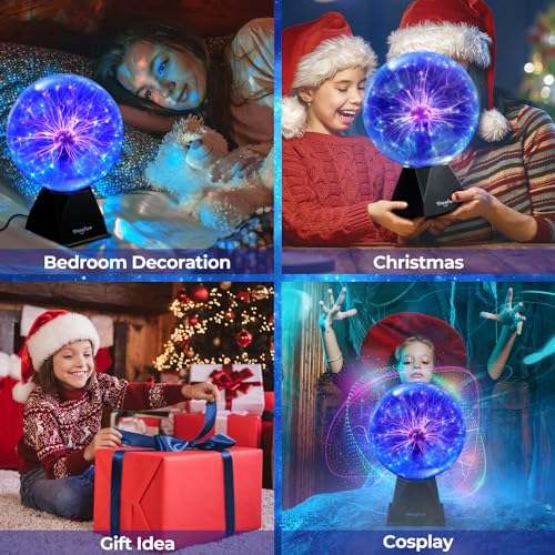 Theefun Blue Plasma Ball: 8 Inch Plasma Globe Touch & Sound Sensitive Plasma Ball Lamp Electric Ball Lightning Novelty Light for Parties, Home, Prop, Decoration, Christmas Gifts