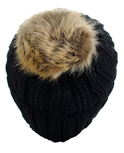 C.C Thick Cable Knit Faux Fuzzy Fur Pom Fleece Lined Skull Cap Cuff Beanie, Black