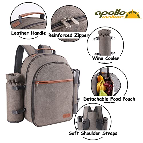 Apollo Walker Picnic Backpack Set for 2 Person with Cooler Compartment, Detachable Bottle/Wine Holder, Fleece Blanket, Plates and Cutlery Set (Beige)