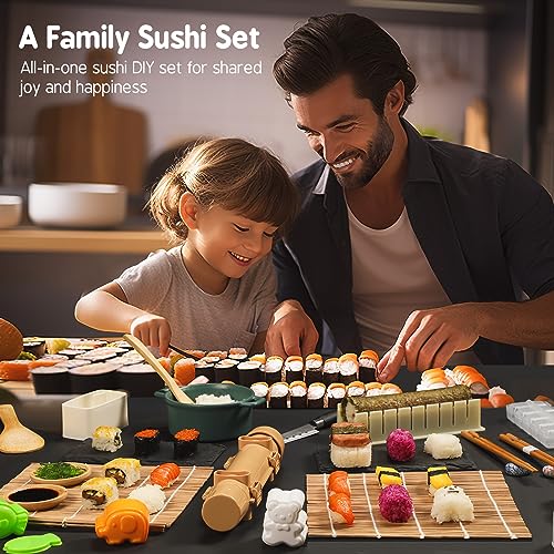 Delamu Sushi Making Kit 27 in 1 [Parent-Child] Sushi Kit, for Beginners/Pros Sushi Makers, with Bamboo Sushi Mats, Sushi Bazooka, Onigiri Mold, Rice Paddle, Sushi Knife, Guide Book & More