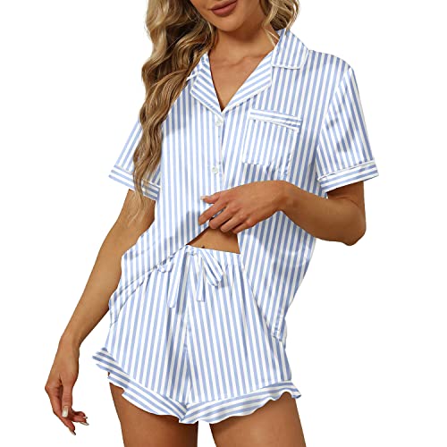 SAPJON Satin Silk Pajamas for Women 2Pcs Ruffle Notch Collar Sleepwear Button Down Short Sleeve Shorts Pjs Set Loungewear