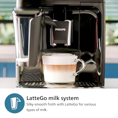 PHILIPS 3300 Series Fully Automatic Espresso Machine - LatteGo Milk System, 5 Coffee Varieties, Intuitive Touch Display, SilentBrew, 100% Ceramic Grinder, AquaClean Filter, Glossy Black (EP3341/50)