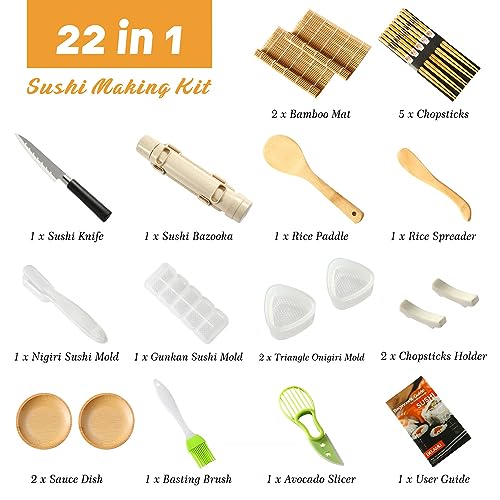 Delamu Sushi Making Kit, Upgrade 22 in 1 Sushi Maker Bazooker Roller Kit with Bamboo Mats, Chef's Knife, Triangle/Nigiri/Gunkan Sushi Rice Mold, Chopsticks, Sauce Dishes, Rice Spreader, User Guide