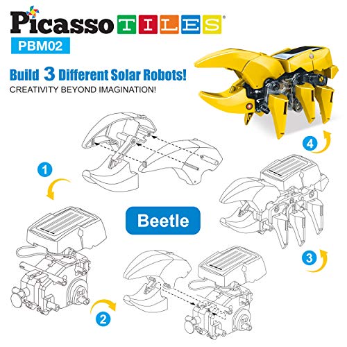 PicassoTiles STEM Kids Solar Powered Dinosaur Robot Educational Learning Engineering Building Toy 3-in-1 Creative Unique Transformation Renewable Sun Energy Science Experiment DIY Kit Boy Girl Age 8+