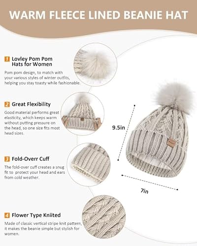 Womens Beanie Hat Scarf Gloves Set, Soft Fleece Lined Winter Hat with Pom Pom, Long Knit Scarf Neck Warmer Touchscreen Gloves for Cold Weather, 3 in 1 Warm Set(Oatmeal)