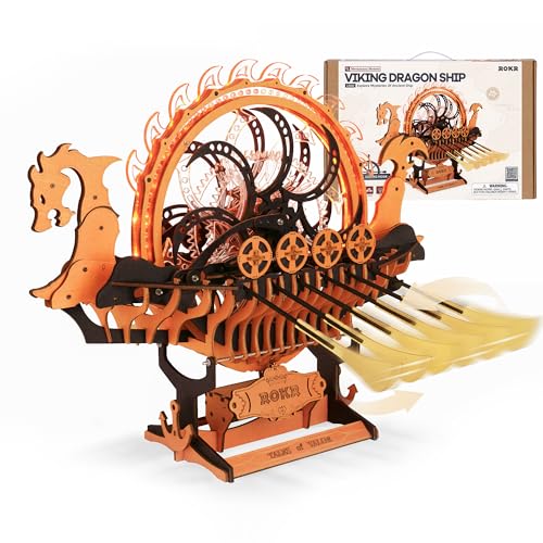 ROKR 3D Wooden Puzzle for Adults, 3-Hour Build, Viking Dragon Ship with LED Lights, Model Kits for Adults to Build, Ideal Gift for Boys and Men