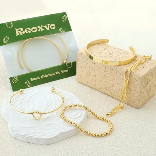 Reoxvo Gold Charm Bangle Bracelets for Women Stack Non Tarnish 14k Gold Plated Brass Cuff Bracelet Set Jewelry Accessories for Women Trendy