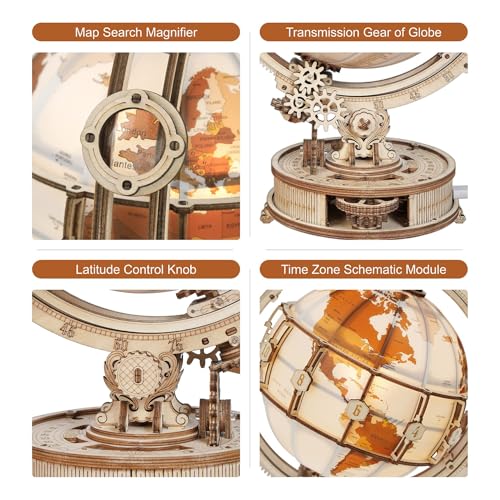 ROKR 3D Wooden Puzzles for Adults Illuminated Globe with Stand 180pcs 3D Puzzles Built-in LED Model Kit Hobby Gifts for Adults/Teens Home Decor