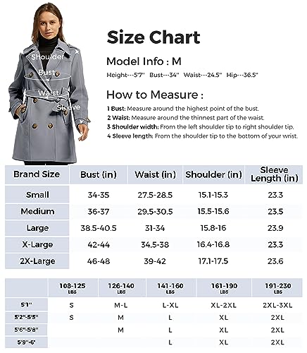 wantdo Women's Casual Long Sleeve Double Breasted Pea Coat with Belt Grey M