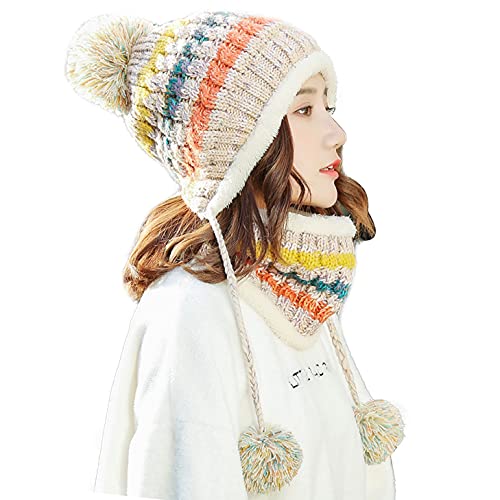 HUAMULAN Women Winter Beanie Hat Circle Scarf Set Pompoms Peruvian Ski Snow Ear Flaps Sherpa Knit Hats Fleece Lined Slouchy, Fits Small to Medium Head