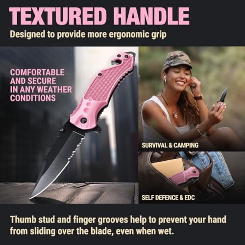 GOOD WORKER 2.95” Serrated Blade Pink Knife - Pocket Knife for Women - Self Defense Knife - Pink Knives - Cute Womens Girl Knife - Womens Folding Knife - Pink Pocket Knife - Mothers Day Gift - 6680 P