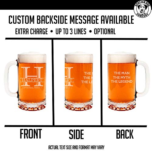 Personalized Laser Etched Glass Beer Mug for Gifting (16oz) – Customizable Monogram and Text Beer Mugs with Handles - Modern, Tankard Style Mugs for Beer - Novelty Beer Gifts for Men Halpert