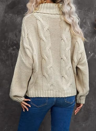 Dokotoo Womens Winter Fall Casual Turtleneck High Neck Long Sleeve Cable Knit Chunky Sweaters Pullover Outerwear Beige Large