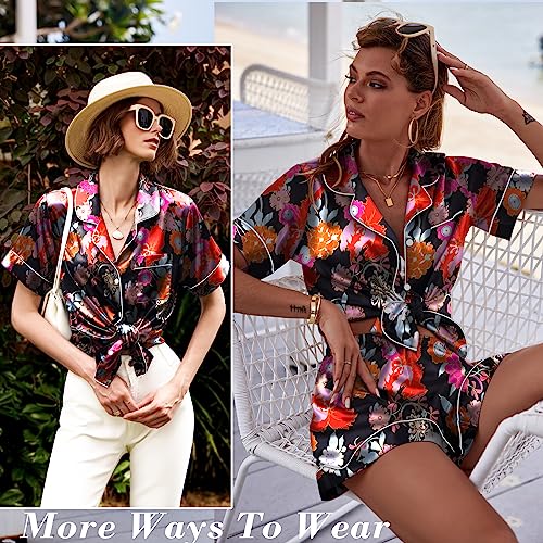 Ekouaer Womens Satin Silk Pajamas Set Short Sleeve Button Down Top and Shorts Sleepwear 2 Piece Pjs Set,Floral Black,Large