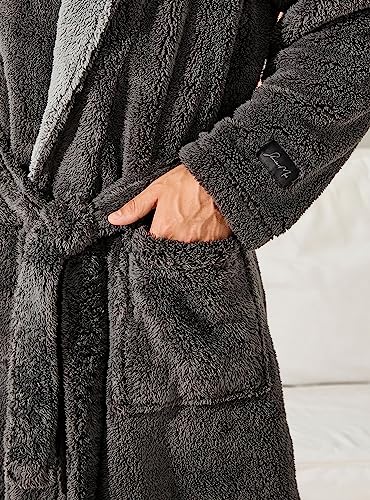 SlumberMee Mens Fleece Plush Robe with Hood Ultra Soft Fluffy Full Length Long with Pockets Luxurious House Coat (Dark Gray, M)