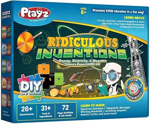 Playz Ridiculous Inventions Science Kits for Kids - Energy, Electricity & Magnetic Experiments Set - Build Electric Circuits, Motors, Telegraphic Messages, Robotics & more Kids Educational Toys