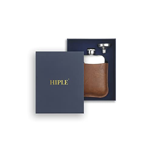 HIPLE® 6oz Hip Flask Gift Set with Free Hiple Handkerchief Premium Tan PU Leather Sleeve and Stainless Steel Funnel Gift for Men Groomsmen Gift Flask Gift and Camping Flask Liquor Gift for Him