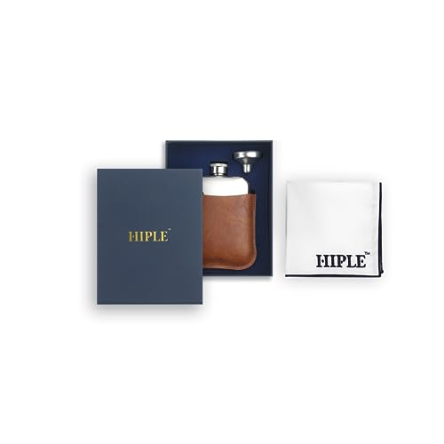 HIPLE® 6oz Hip Flask Gift Set with Free Hiple Handkerchief Premium Tan PU Leather Sleeve and Stainless Steel Funnel Gift for Men Groomsmen Gift Flask Gift and Camping Flask Liquor Gift for Him