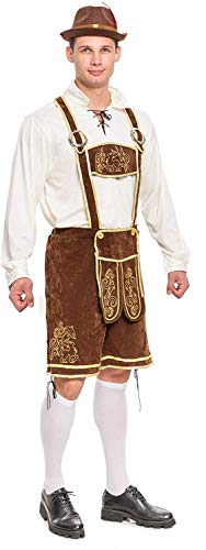 Spooktacular Creations Halloween Men’s Oktoberfest Costume Set, Lederhosen Men with German Bavarian Hat, Beer Costume, Adults Halloween Costumes Brown Outfit for Beer Festival Party (Large)